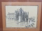 drawing of a castle with a bridge in the middle of it