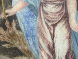 a painting of a woman holding a staff in a cave