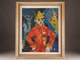 an image of a painting of a clown with a parrot on his shoulder