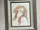 a picture of a painting of a woman with flowers in her hair