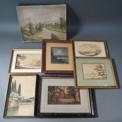 several framed and unframed pictures of a landscape and a river