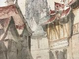 a watercolor painting of a street with buildings and a church in the background