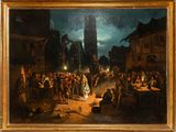 an oil painting of a group of people gathered around a fire