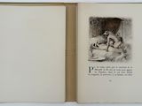 an open book with a drawing of a man and a dog