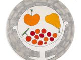 a drawing of a plate with fruit and vegetables on it