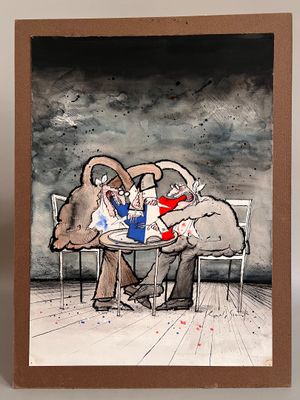 un tableau représentant un homme et une femme assis à une table en compagnie d'un éléphant