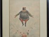 painting of a man in a top hat flying through the air above a pig