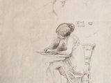three studies of a woman seated at a table