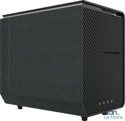 a close up of a black speaker on a white background