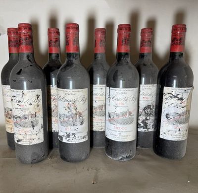 six bottles of wine are lined up in a row on a table