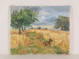 an oil painting of a dog in a field with trees