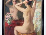 painting of a woman sitting on a stool in front of a mirror