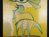 peinture représentant un tableau représentant un oiseau sur fond jaune