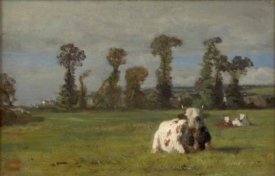 un tableau représentant une vache dans un champ, avec des arbres en arrière-plan