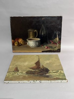 deux tableaux représentant un bateau et un vase posé sur une table