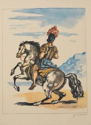 tableau représentant un homme à cheval avec une femme sur le dos