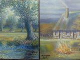 un tableau représentant un chalet dans les bois et un tableau représentant un banc dans les bois