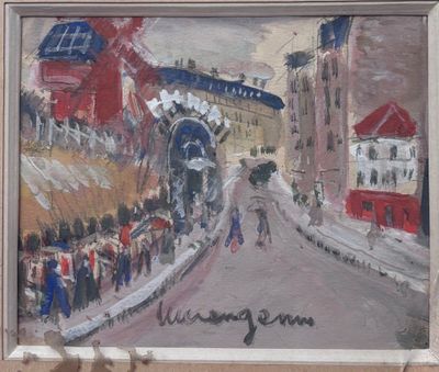 une peinture à l'huile représentant une personne marchant dans la rue avec un parapluie