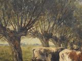 a painting of cows in a field with trees in the background