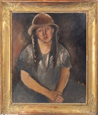painting of a girl with braids in a hat sitting on a table