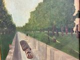 a painting of a man riding a skateboard down a street
