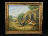 tableau représentant une scène de ferme avec des poules, des poulets et une cabane