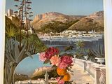 une image représentant une affiche avec une vue sur une baie et des montagnes