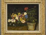 une peinture à l'huile représentant des fleurs dans un pot posé sur une table