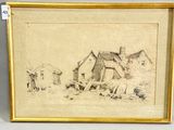 an image of a drawing of a farm scene in a gold frame