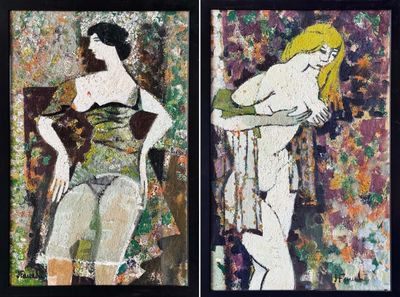 deux tableaux représentant une femme en robe verte et une femme en robe marron