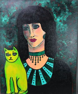 tableau représentant une femme avec un chat vert devant elle
