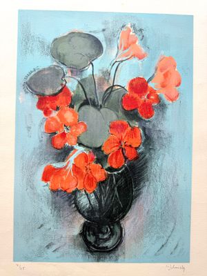 une peinture de fleurs dans un vase sur une table
