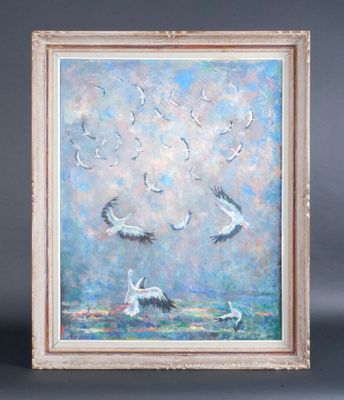 un tableau représentant une volée d'oiseaux survolant un plan d'eau
