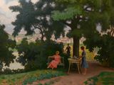 un tableau représentant deux femmes assises sur un banc dans un parc
