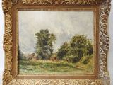 a painting of a landscape with trees and a house in the distance