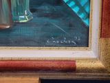 a painting of two vases of flowers on a table