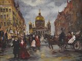un tableau représentant une scène de rue avec des personnages et une calèche