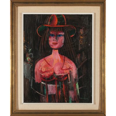 un tableau représentant une femme portant un chapeau et une robe rouge