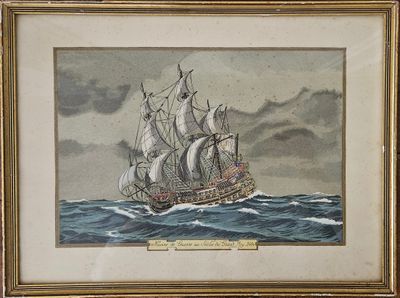 an old picture of a ship in the ocean with clouds in the background