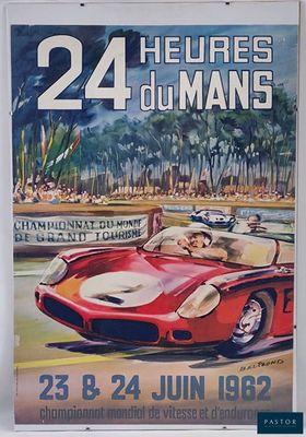 an old poster of a red race car driving down a track