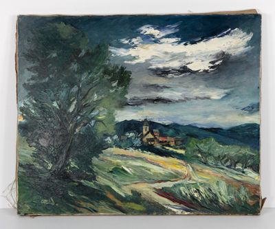 une peinture à l'huile d'un paysage avec une maison au loin