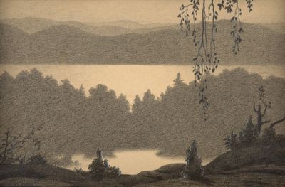 un dessin représentant un homme assis sur un banc au bord de l'eau