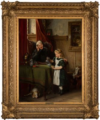 an image of a painting of a man and a little girl sitting at a table