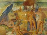 a painting of a group of people on the beach