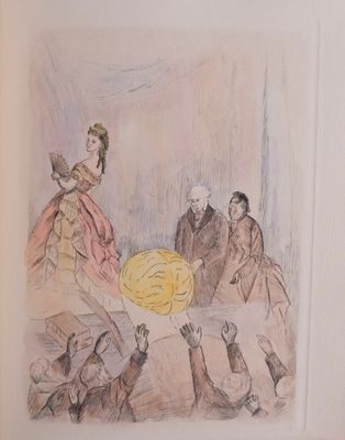 drawing of a woman sitting on a bed holding a large yellow object