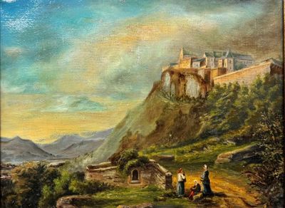 peinture représentant un château sur une colline, avec un homme et une femme au premier plan
