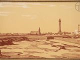 drawing of a lighthouse in the distance with a beach in the foreground