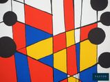 painting of abstract shapes on a white background with blue, red, yellow, and black