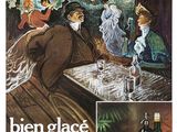a poster of a man sitting at a table drinking a drink