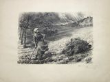 an old drawing of a man with a shovel in a field
